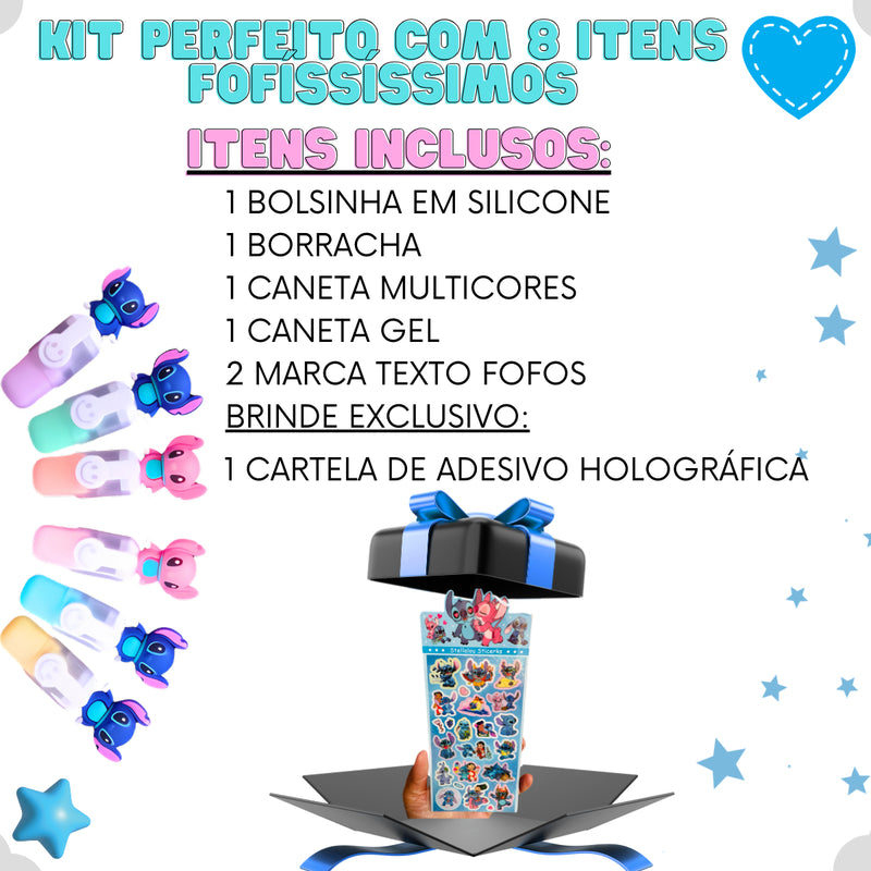 Kit Papelaria Fofa Stitch Criativo Escolar Bolsinha Infantil