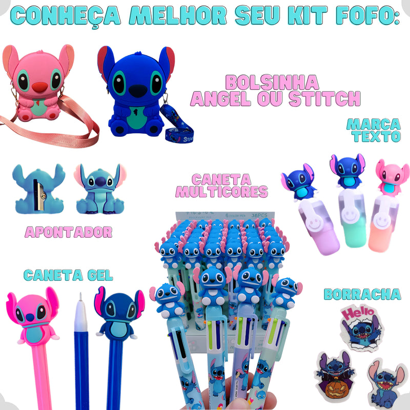 Kit Papelaria Fofa Stitch Criativo Escolar Bolsinha Infantil